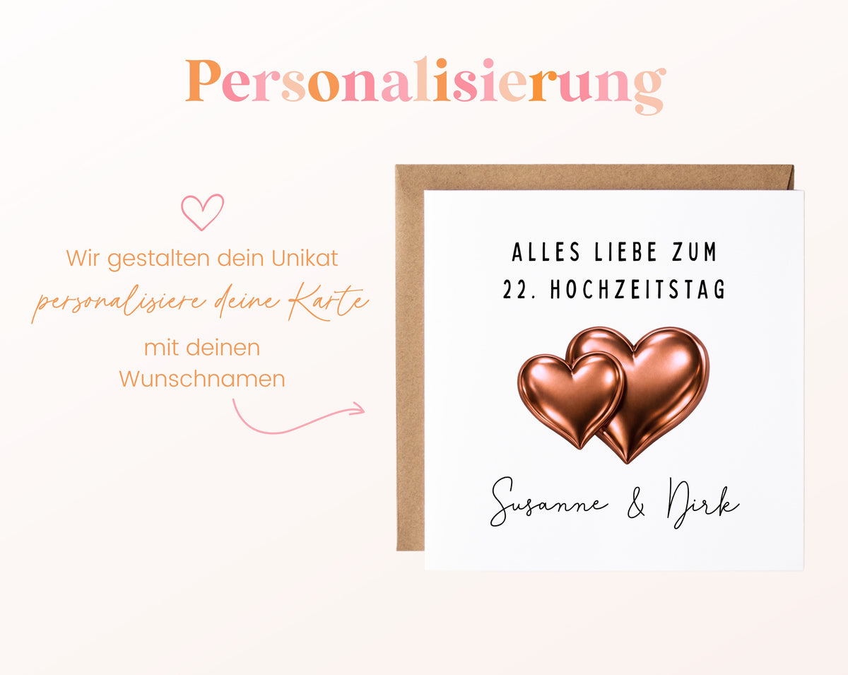 Bronzehochzeit Karte - Doppelherzen - personalisiert