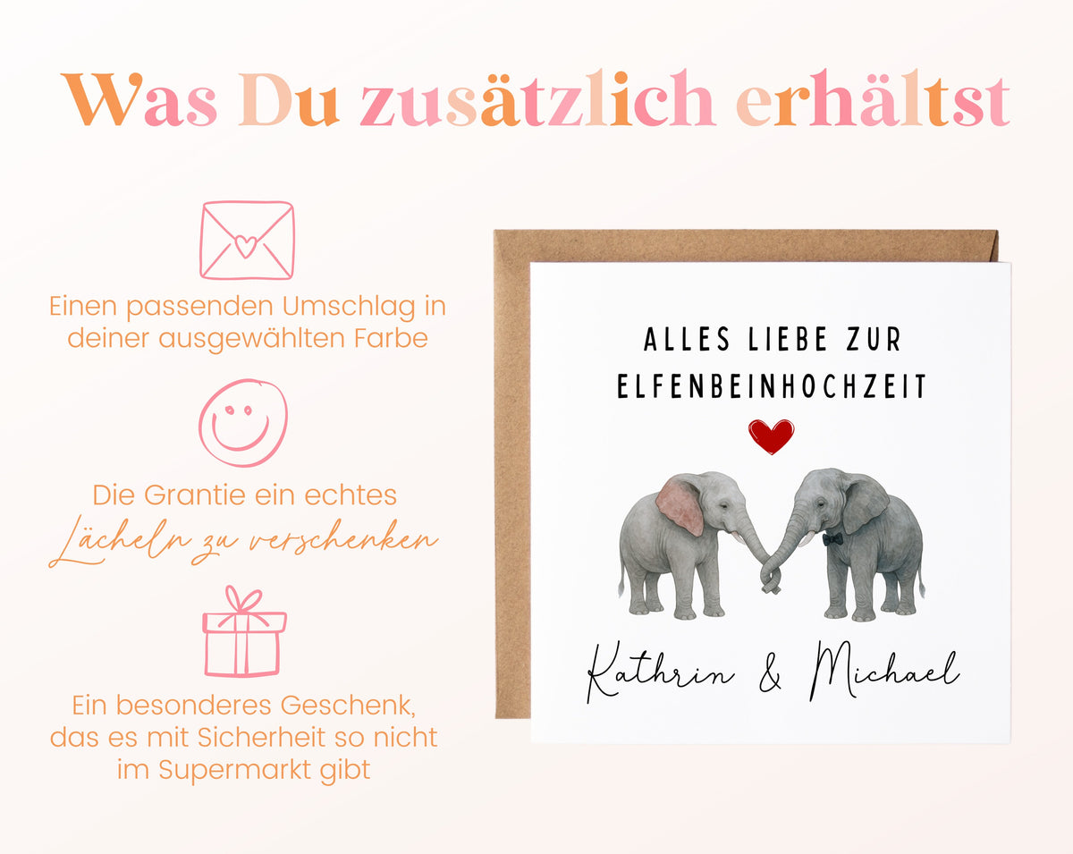 Elfenbeinhochzeit Karte - Elefantenpaar - personalisiert