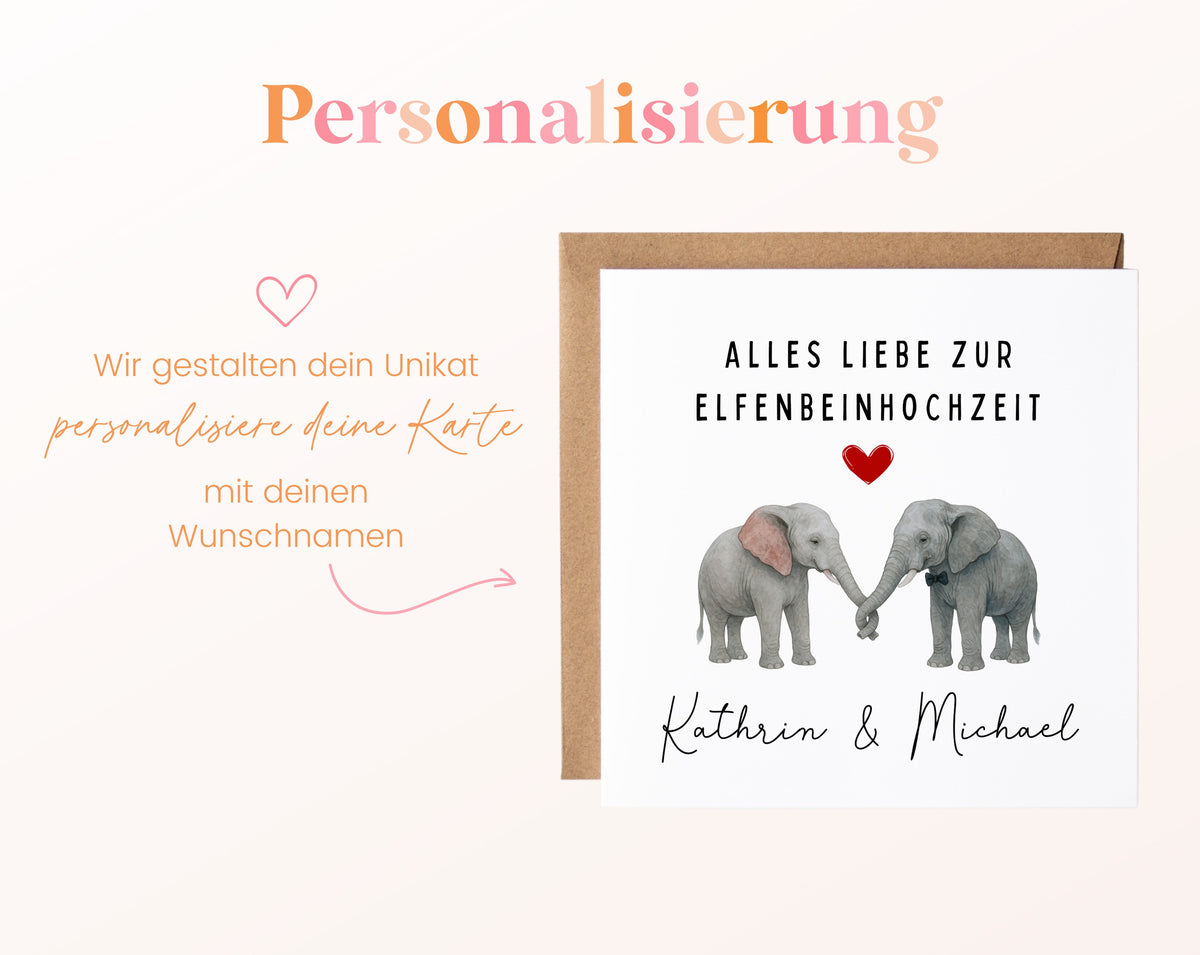 Elfenbeinhochzeit Karte - Elefantenpaar - personalisiert