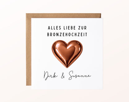 Bronzehochzeit Karte - Bronzeherz - personalisiert