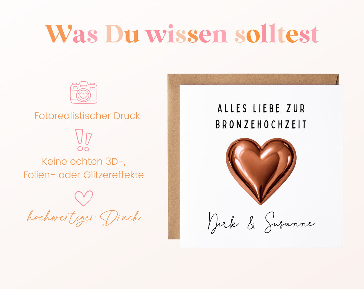 Bronzehochzeit Karte - Bronzeherz - personalisiert