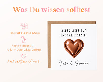 Bronzehochzeit Karte - Bronzeherz - personalisiert