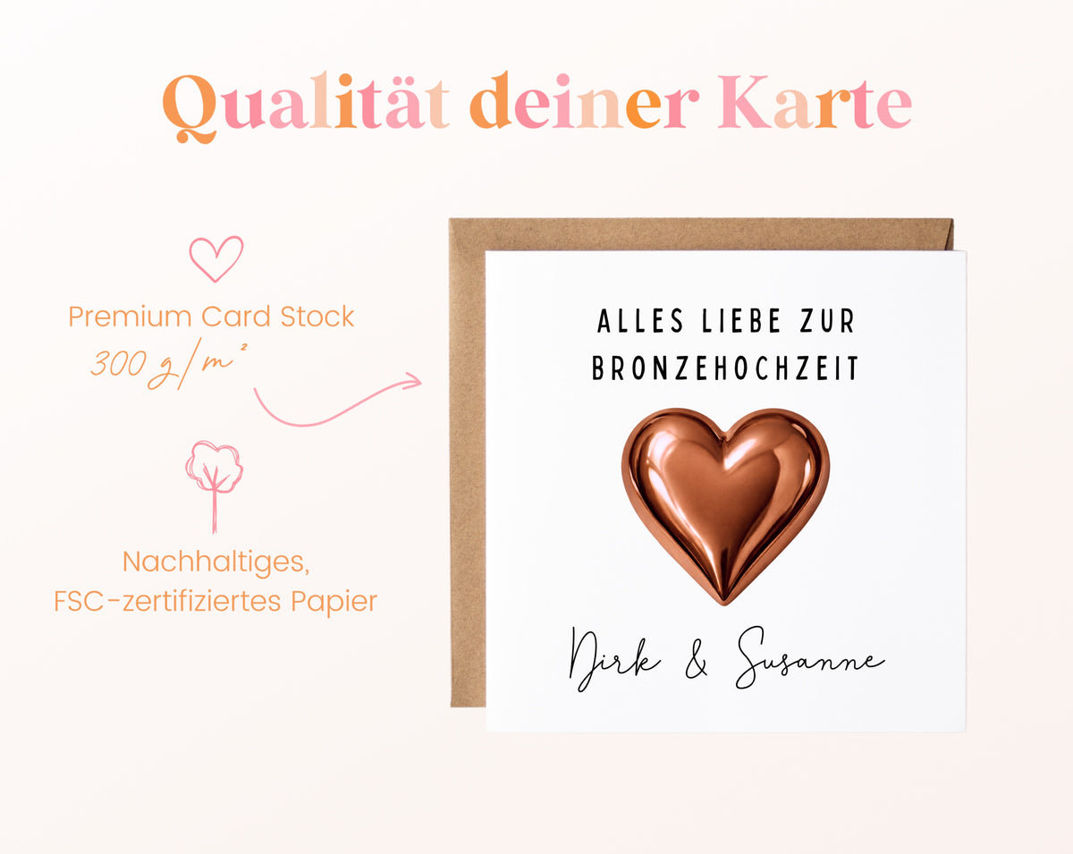 Bronzehochzeit Karte - Bronzeherz - personalisiert