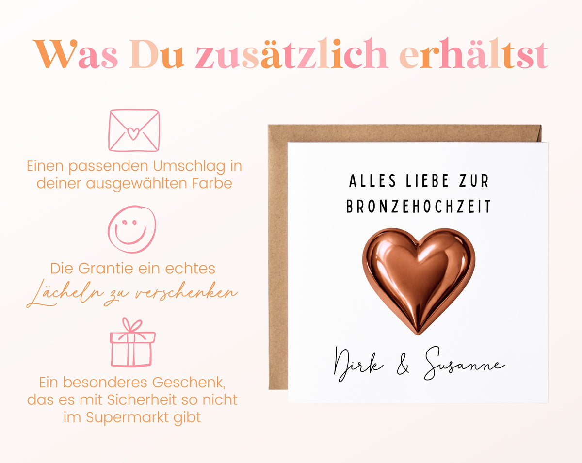 Bronzehochzeit Karte - Bronzeherz - personalisiert