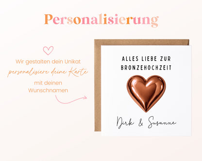 Bronzehochzeit Karte - Bronzeherz - personalisiert
