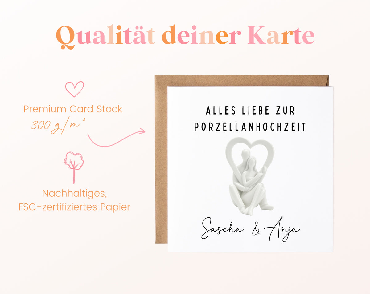 Porzellanhochzeit Karte - Paar im Herz - personalisiert