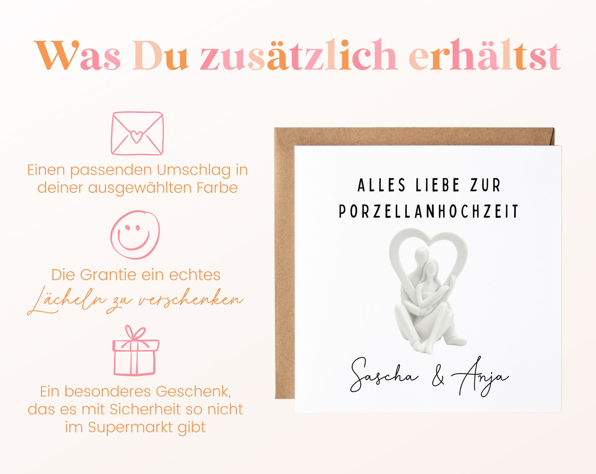 Porzellanhochzeit Karte - Paar im Herz - personalisiert