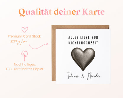 Nickelhochzeit Karte - Herz - personalisiert