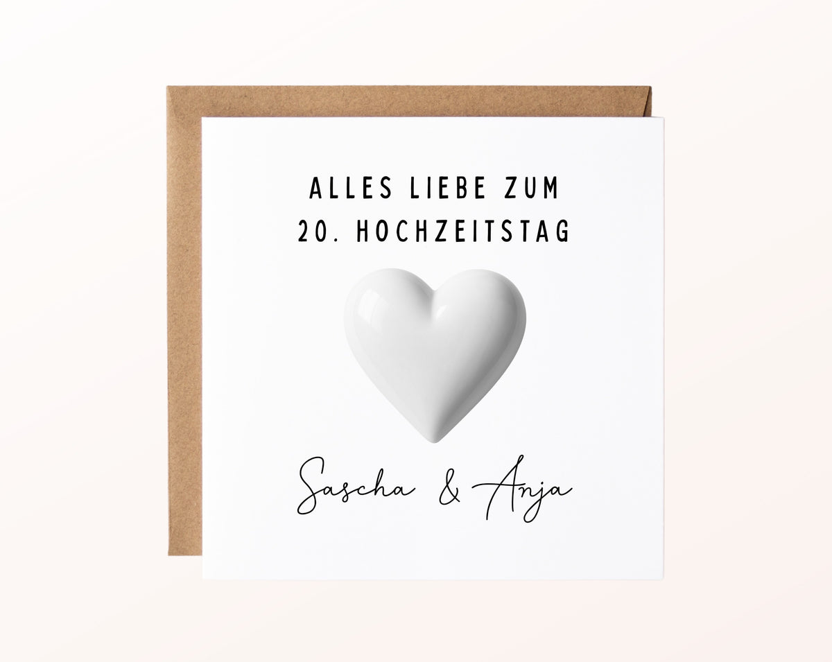 Porzellanhochzeit Karte - Porzellanherz - personalisiert