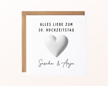 Porzellanhochzeit Karte - Porzellanherz - personalisiert