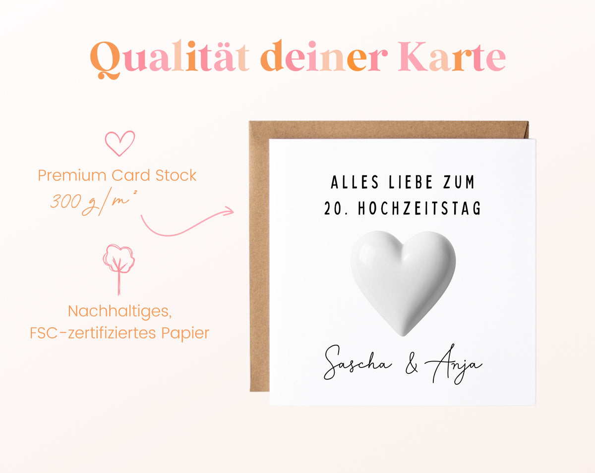 Porzellanhochzeit Karte - Porzellanherz - personalisiert