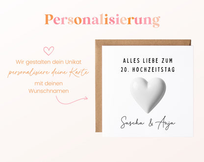 Porzellanhochzeit Karte - Porzellanherz - personalisiert