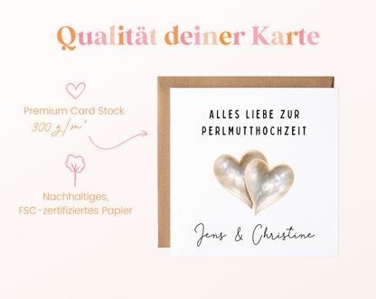 Perlmutthochzeit Karte - Doppelherzen - personalisiert