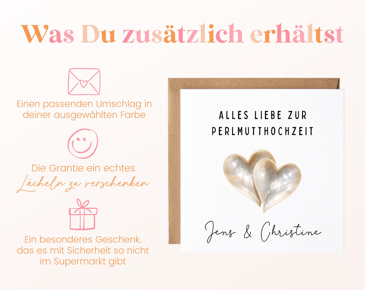 Perlmutthochzeit Karte - Doppelherzen - personalisiert
