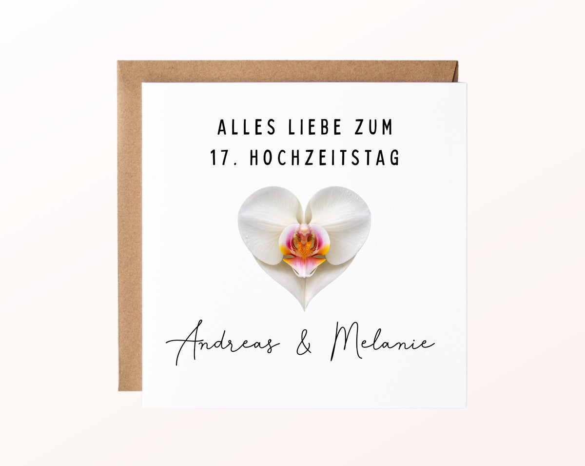 Orchideenhochzeit Karte - weißes Blütenherz - personalisiert