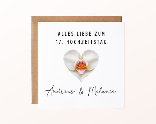 Orchideenhochzeit Karte - weißes Blütenherz - personalisiert