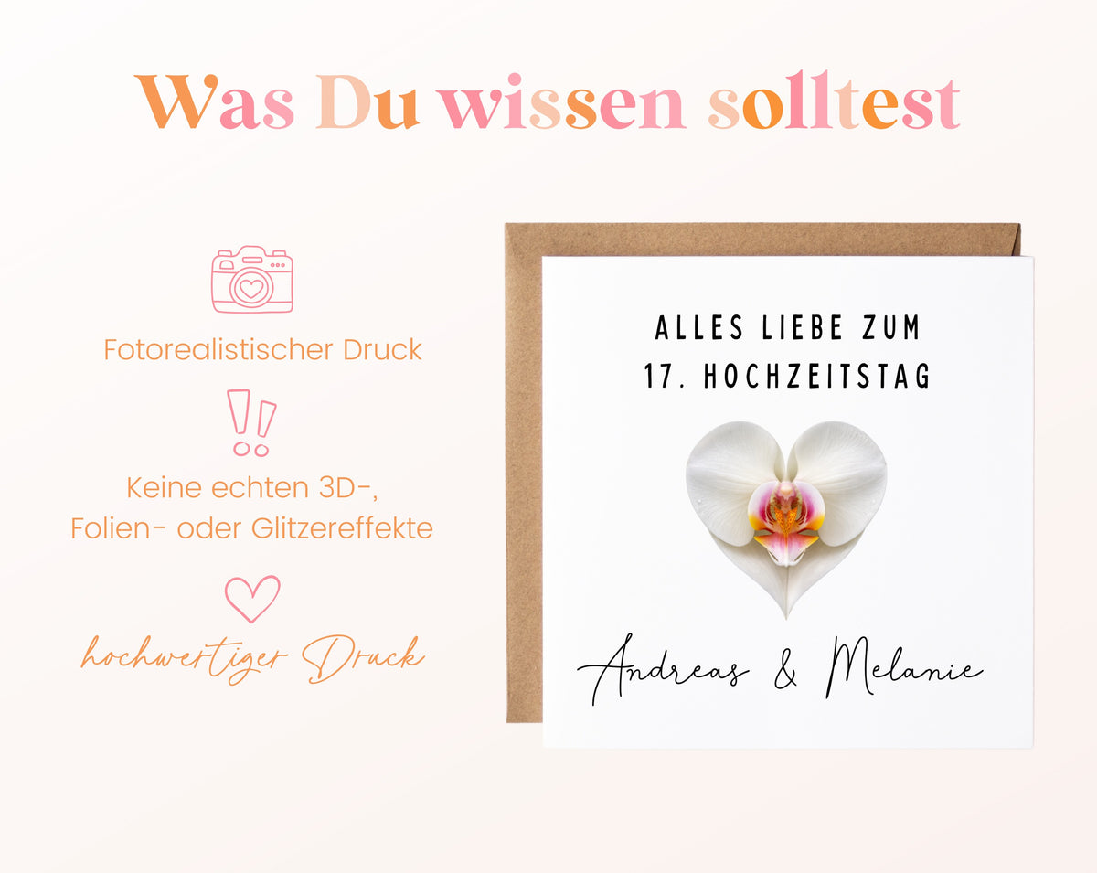 Orchideenhochzeit Karte - weißes Blütenherz - personalisiert