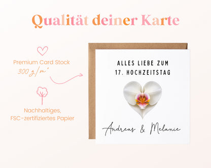 Orchideenhochzeit Karte - weißes Blütenherz - personalisiert