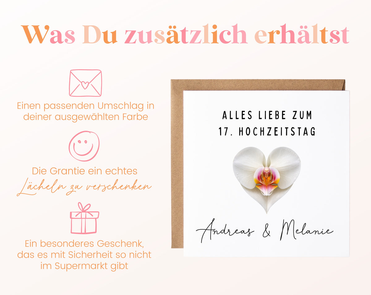 Orchideenhochzeit Karte - weißes Blütenherz - personalisiert