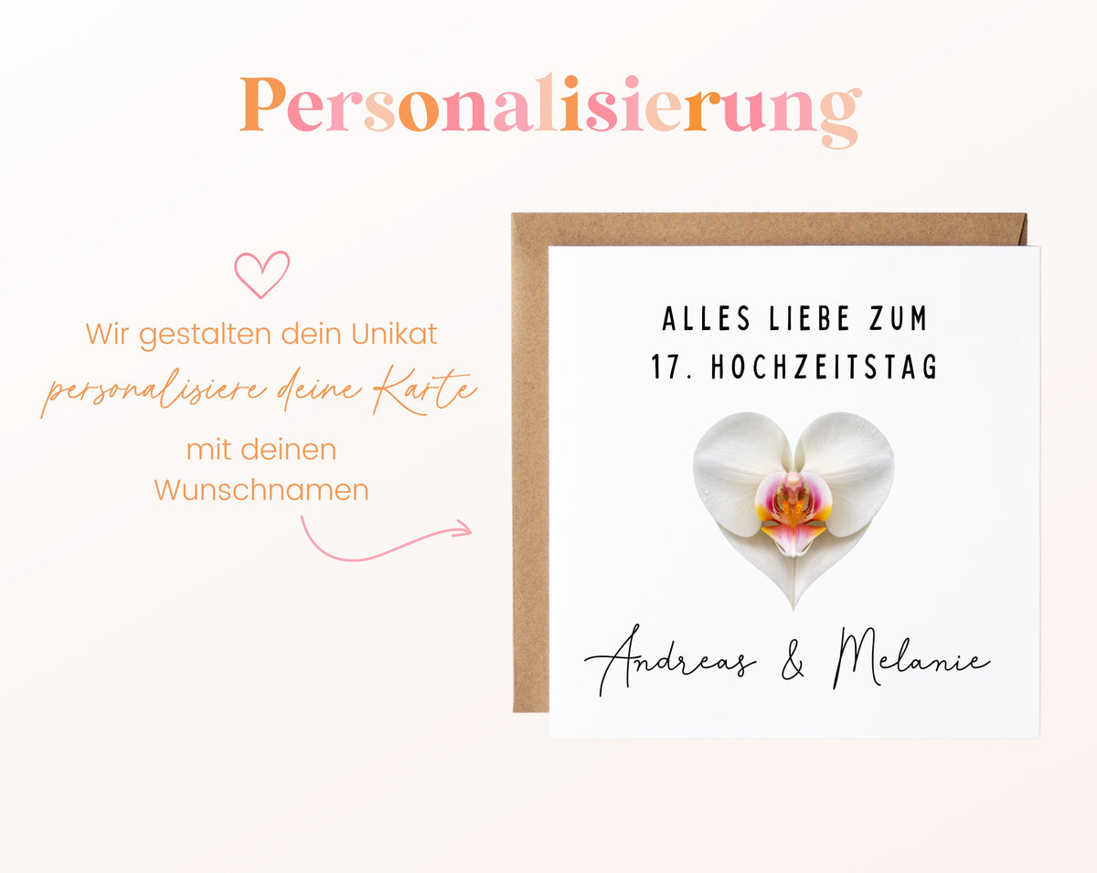 Orchideenhochzeit Karte - weißes Blütenherz - personalisiert