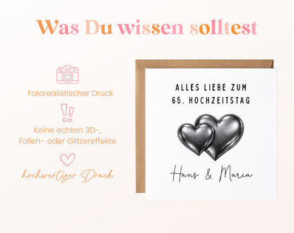 Eiserne Hochzeit Karte - Doppelherzen - personalisiert