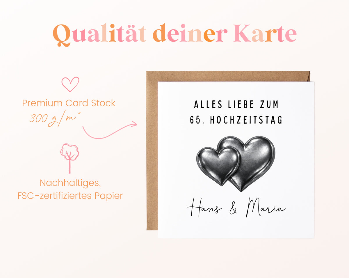 Eiserne Hochzeit Karte - Doppelherzen - personalisiert
