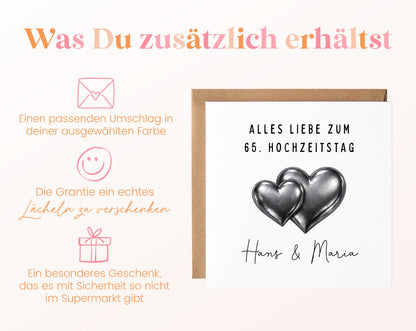 Eiserne Hochzeit Karte - Doppelherzen - personalisiert