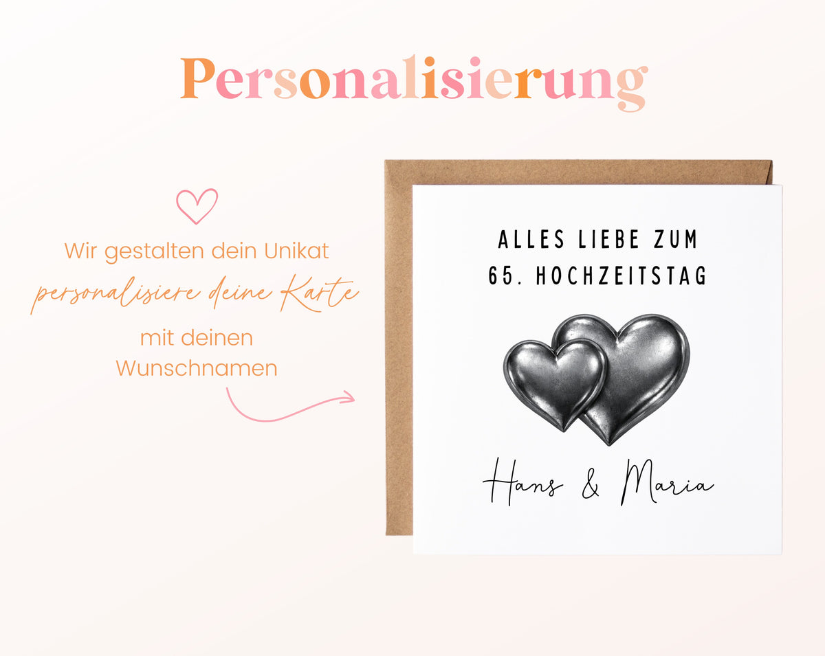 Eiserne Hochzeit Karte - Doppelherzen - personalisiert