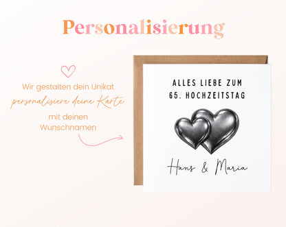 Eiserne Hochzeit Karte - Doppelherzen - personalisiert