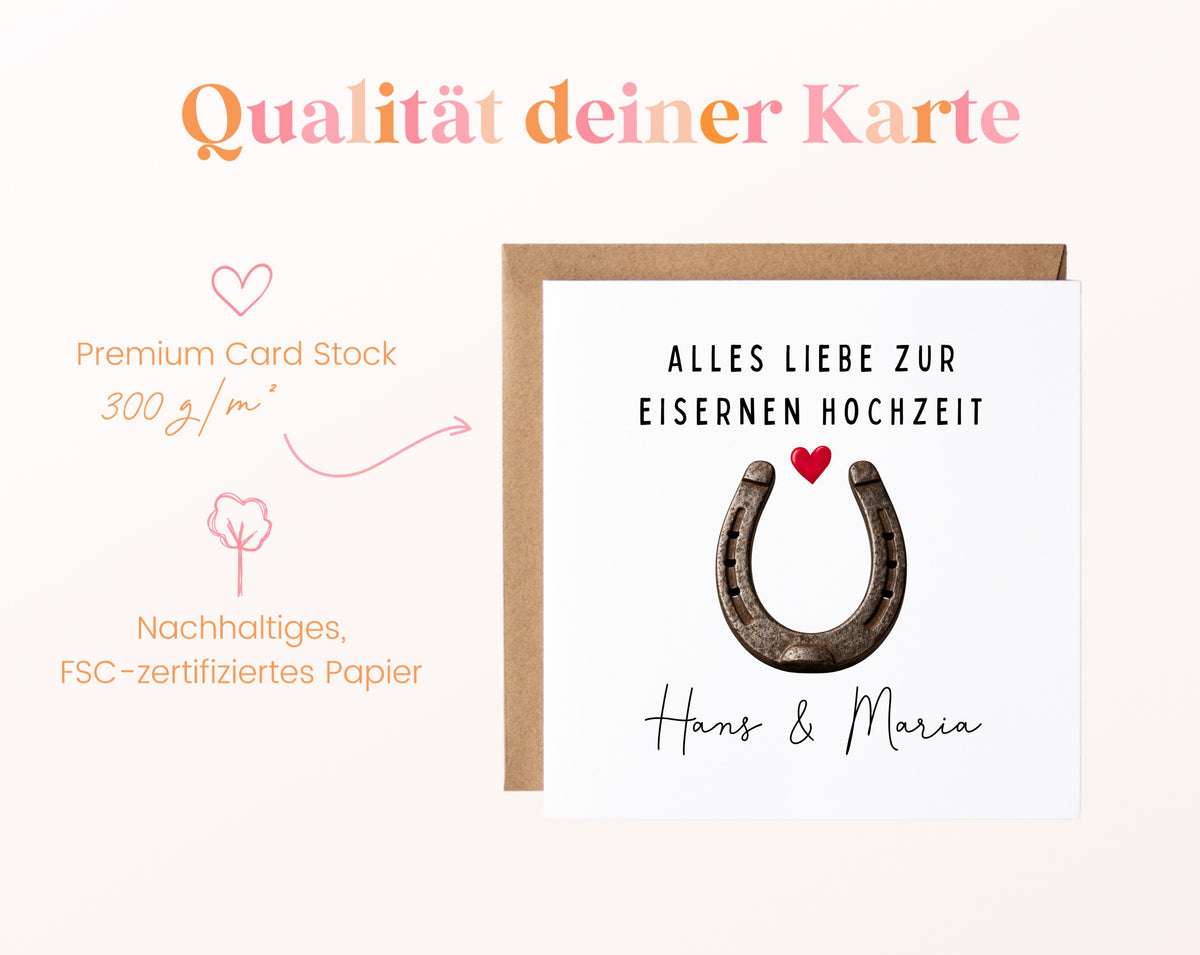 Eiserne Hochzeit Karte - Hufeisen - personalisiert