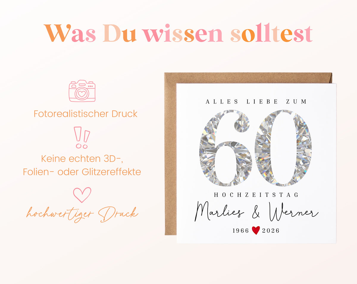 Diamantene Hochzeit Karte - facettierte Zahl 60 - personalisiert