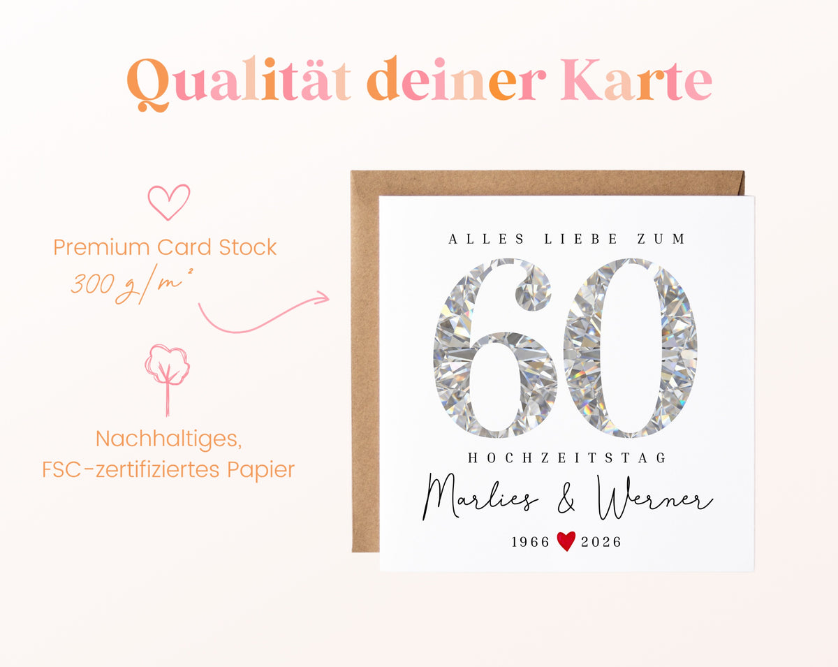 Diamantene Hochzeit Karte - facettierte Zahl 60 - personalisiert