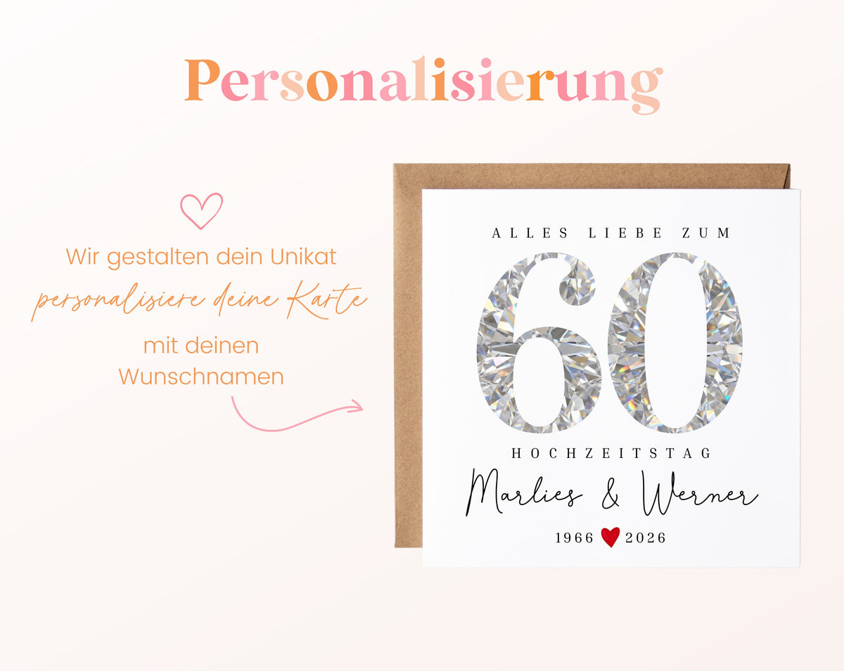 Diamantene Hochzeit Karte - facettierte Zahl 60 - personalisiert