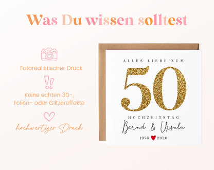 Goldene Hochzeit Karte - Glitzerzahl 50 - personalisiert