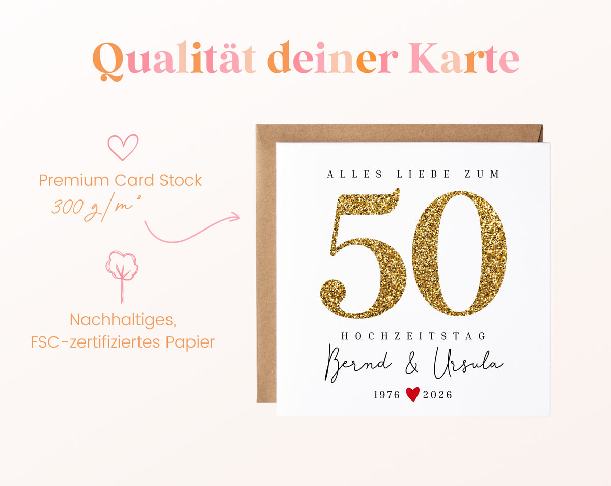 Goldene Hochzeit Karte - Glitzerzahl 50 - personalisiert