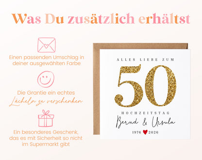 Goldene Hochzeit Karte - Glitzerzahl 50 - personalisiert