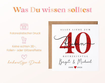 Rubinhochzeit Karte - Glitzerzahl 40 - personalisiert