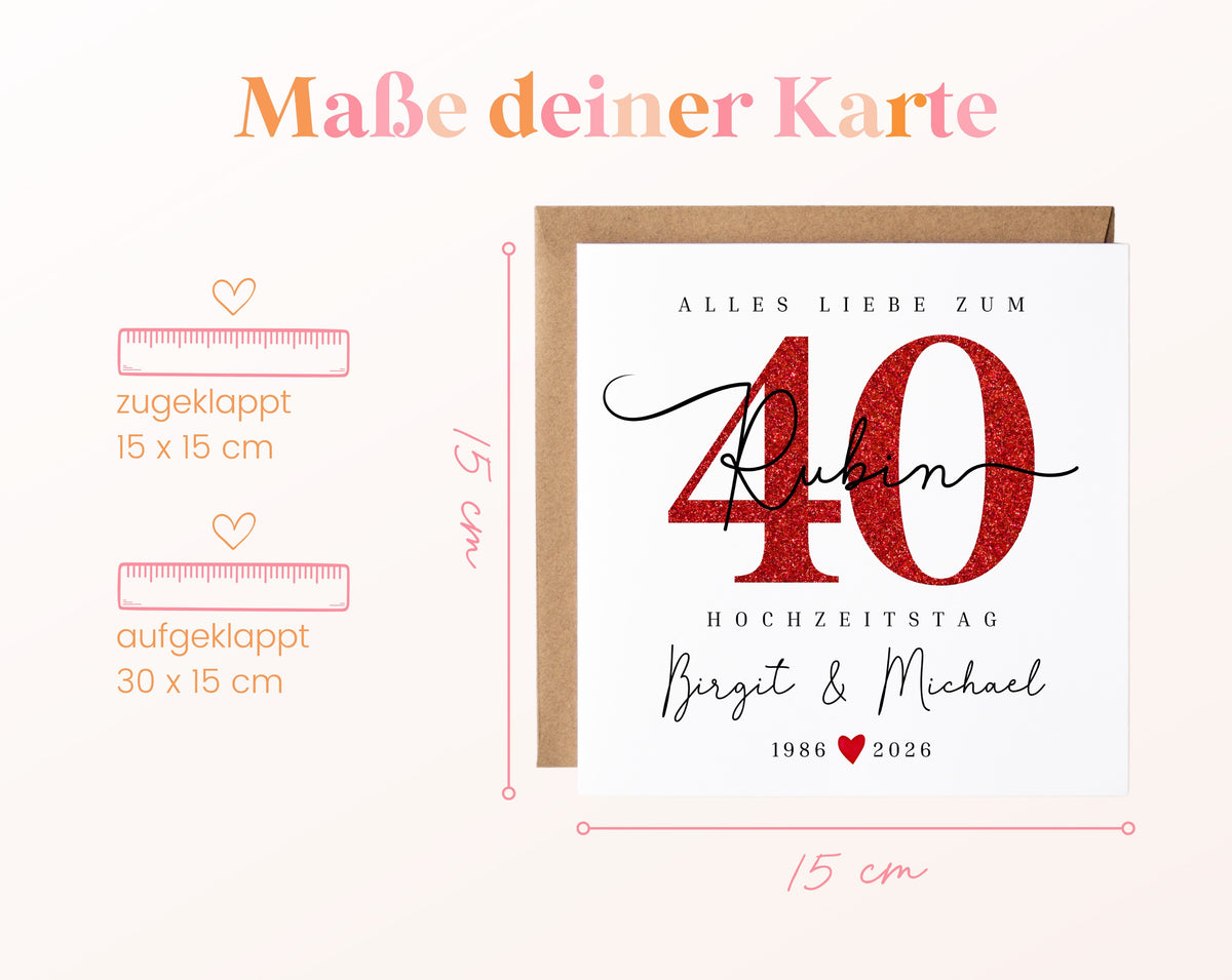 Rubinhochzeit Karte - Glitzerzahl 40 - personalisiert