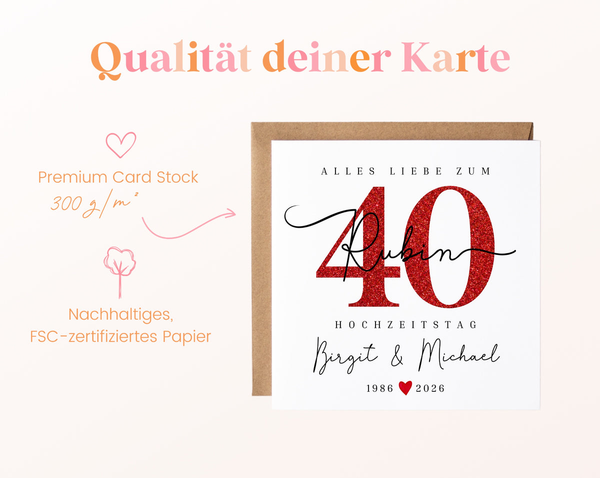 Rubinhochzeit Karte - Glitzerzahl 40 - personalisiert