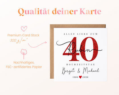 Rubinhochzeit Karte - Glitzerzahl 40 - personalisiert