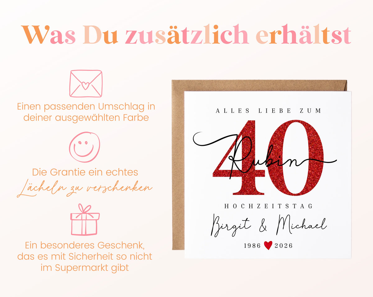 Rubinhochzeit Karte - Glitzerzahl 40 - personalisiert