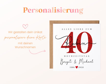 Rubinhochzeit Karte - Glitzerzahl 40 - personalisiert