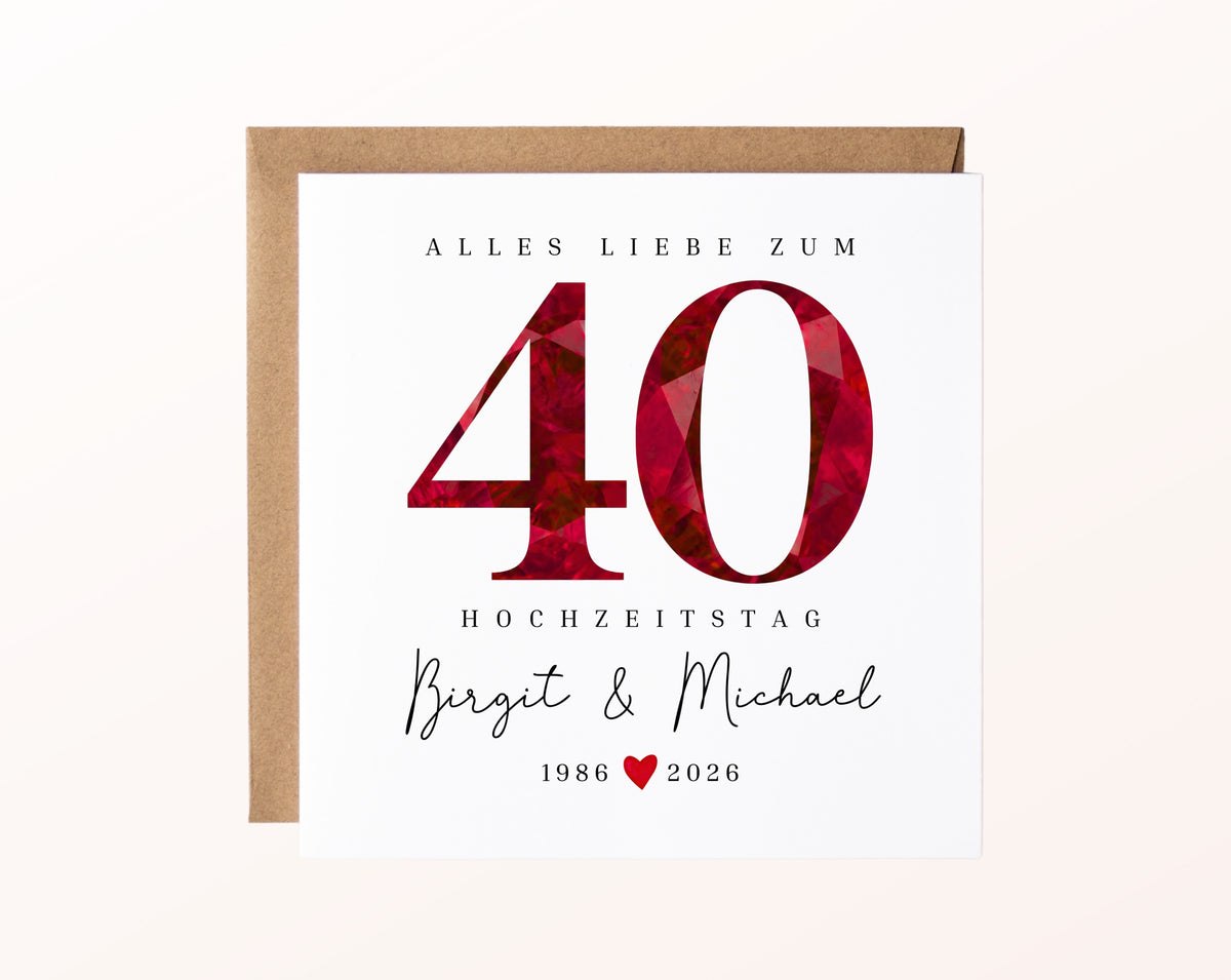 Rubinhochzeit Karte - facettierte Rubinzahl 40 - personalisiert