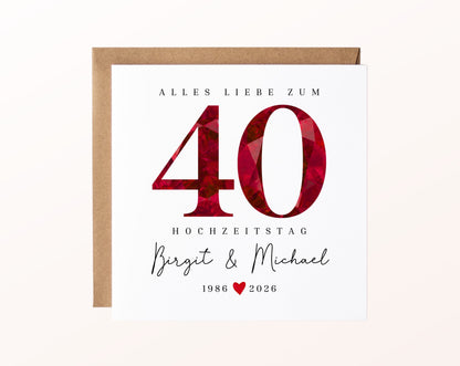 Rubinhochzeit Karte - facettierte Rubinzahl 40 - personalisiert