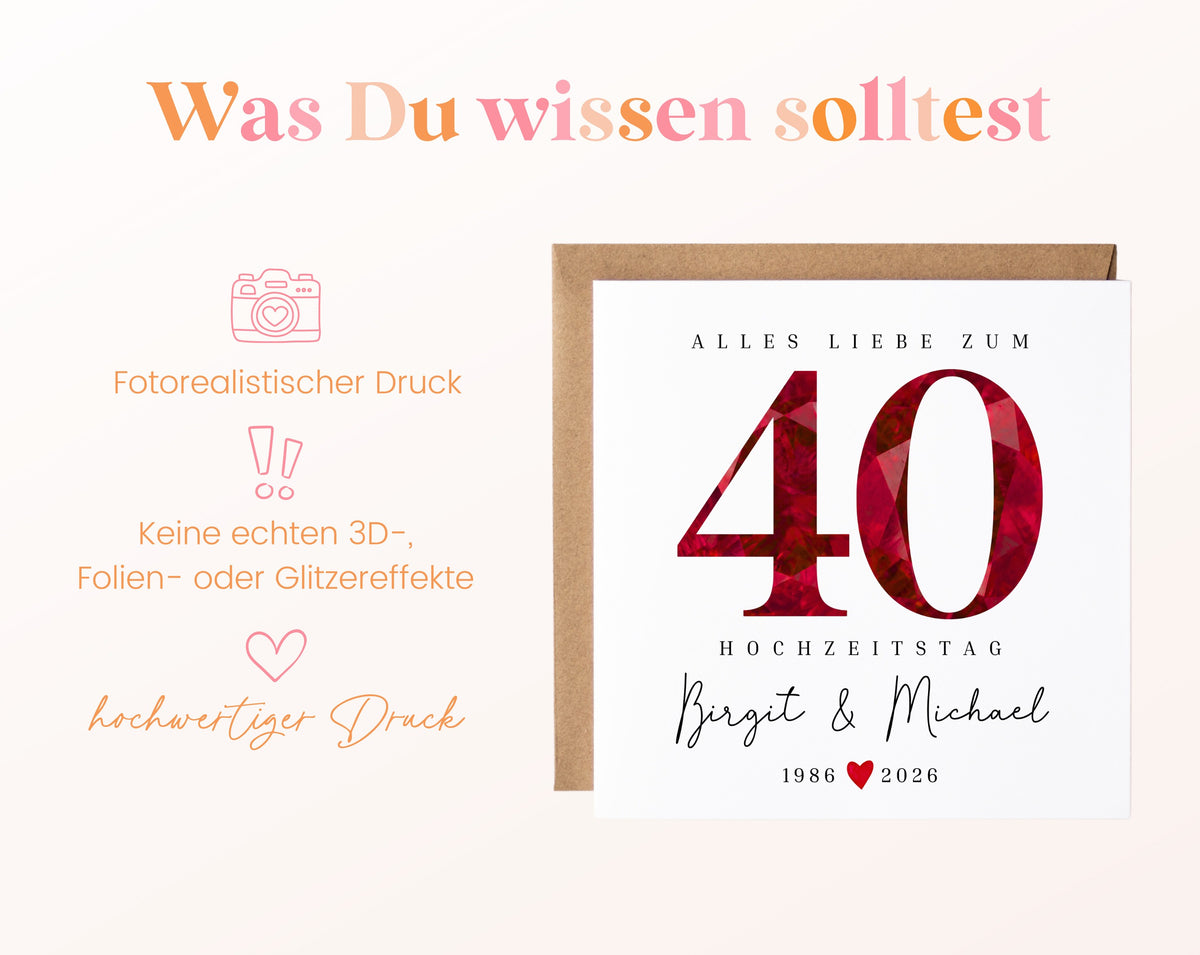Rubinhochzeit Karte - facettierte Rubinzahl 40 - personalisiert