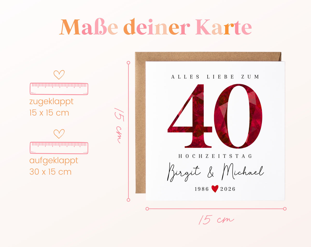 Rubinhochzeit Karte - facettierte Rubinzahl 40 - personalisiert