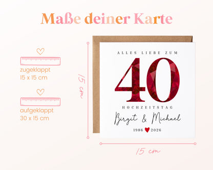 Rubinhochzeit Karte - facettierte Rubinzahl 40 - personalisiert