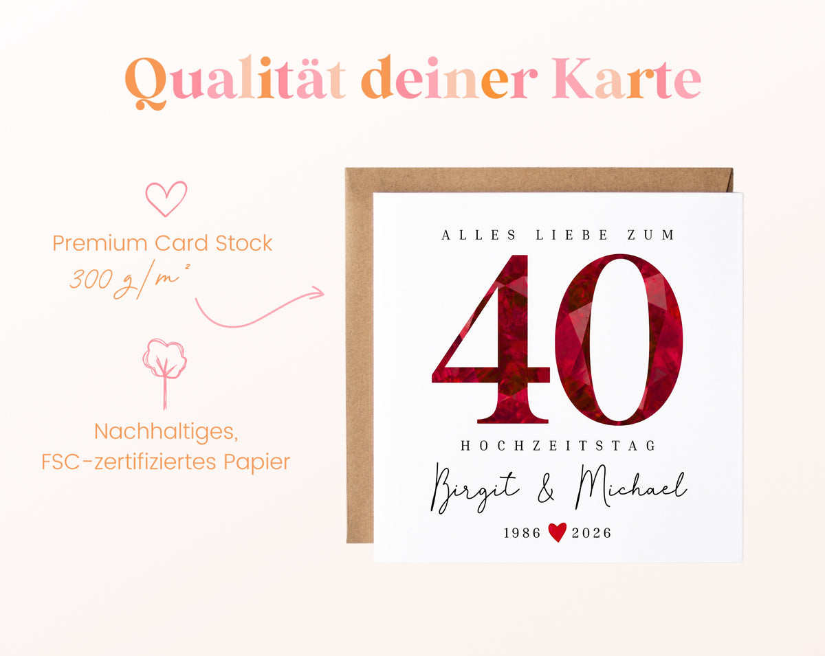 Rubinhochzeit Karte - facettierte Rubinzahl 40 - personalisiert
