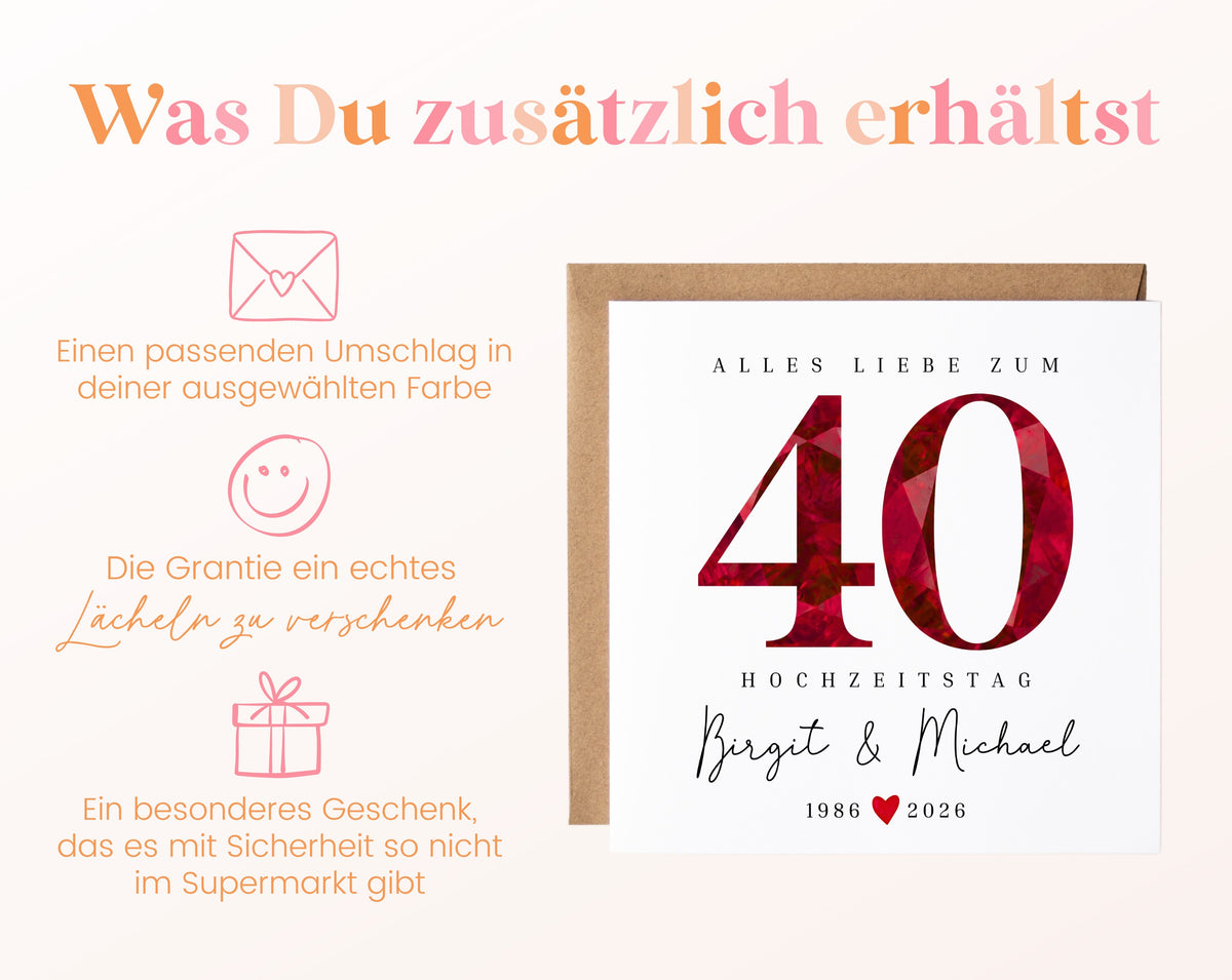 Rubinhochzeit Karte - facettierte Rubinzahl 40 - personalisiert