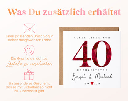 Rubinhochzeit Karte - facettierte Rubinzahl 40 - personalisiert